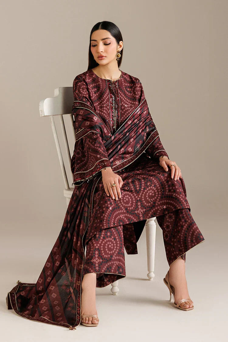 Burgundy Chunri - 3Pc Lawn Suit With Chiffon Dupatta | Ready To Wear