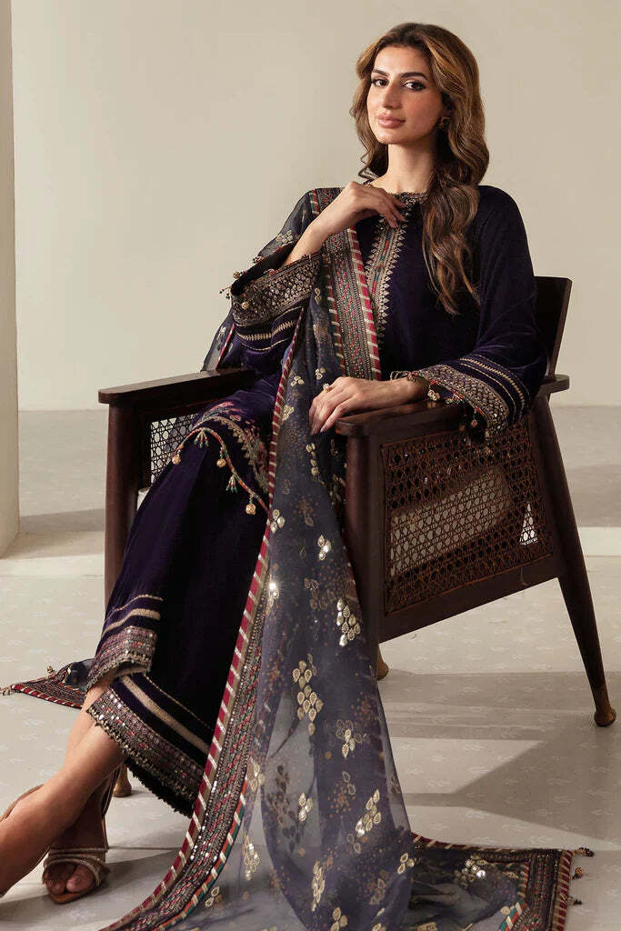 3 Piece Stitched Velvet Suit - Ready To Wear