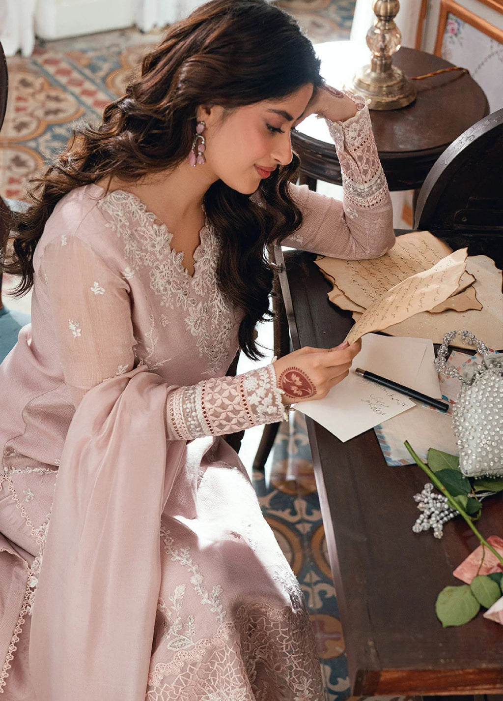 Dusty Pink - Embroidered Chiffon Suit With Malai Trouser | Ready To Wear