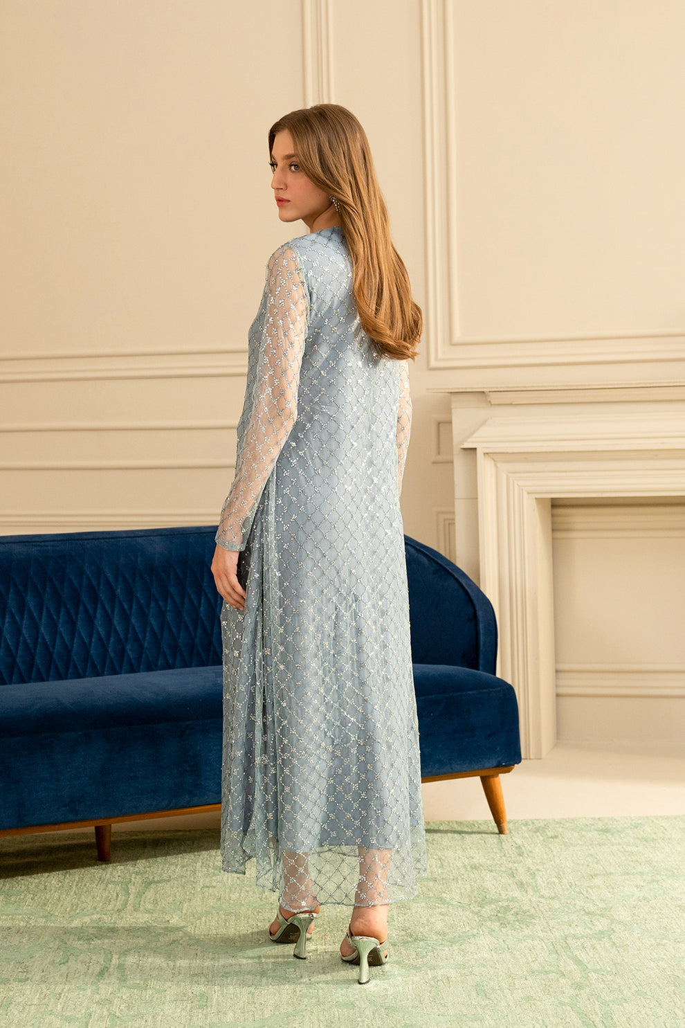 3 Piece Stitched Net Silk Suit - Ready To Wear